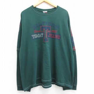 トミーヒルフィガー(TOMMY HILFIGER)のXL★古着 トミーヒルフィガー TOMMY HILFIGER トミージーンズ 長袖 ブランド Tシャツ メンズ 90年代 90s ビッグロゴ 大きいサイズ クルーネック 緑 グリーン 23aug19 中古(Tシャツ/カットソー(半袖/袖なし))