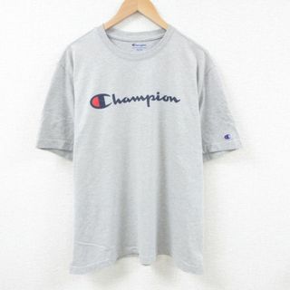 チャンピオン(Champion)のXL★古着 チャンピオン Champion 半袖 ブランド Tシャツ メンズ ビッグロゴ 大きいサイズ クルーネック グレー 霜降り 23aug16 中古(Tシャツ/カットソー(半袖/袖なし))