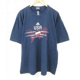 アディダス(adidas)のXL★古着 アディダス adidas 半袖 ブランド Tシャツ メンズ FIFA ワールドカップ USAロゴ 大きいサイズ コットン クルーネック 紺 ネイビー 23aug16 中古(Tシャツ/カットソー(半袖/袖なし))