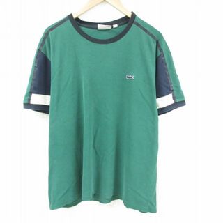 ラコステ(LACOSTE)のXL★古着 ラコステ LACOSTE 半袖 ブランド Tシャツ メンズ ワンポイントロゴ マルチカラー 鹿の子 大きいサイズ コットン ラグラン クルーネック フランス製 濃緑他 グリーン 23aug16 中古(Tシャツ/カットソー(半袖/袖なし))