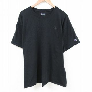 チャンピオン(Champion)のXL★古着 チャンピオン Champion 半袖 ブランド Tシャツ メンズ ワンポイントロゴ 大きいサイズ コットン クルーネック 黒 ブラック 23aug16 中古(Tシャツ/カットソー(半袖/袖なし))