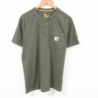 カーハートダブリューアイピー(Charhartt WIP)のXL★古着 カーハート Carhartt 半袖 ブランド Tシャツ メンズ ワンポイントロゴ 胸ポケット付き ラグラン ヘンリーネック 緑 グリーン 23aug16 中古(Tシャツ/カットソー(半袖/袖なし))