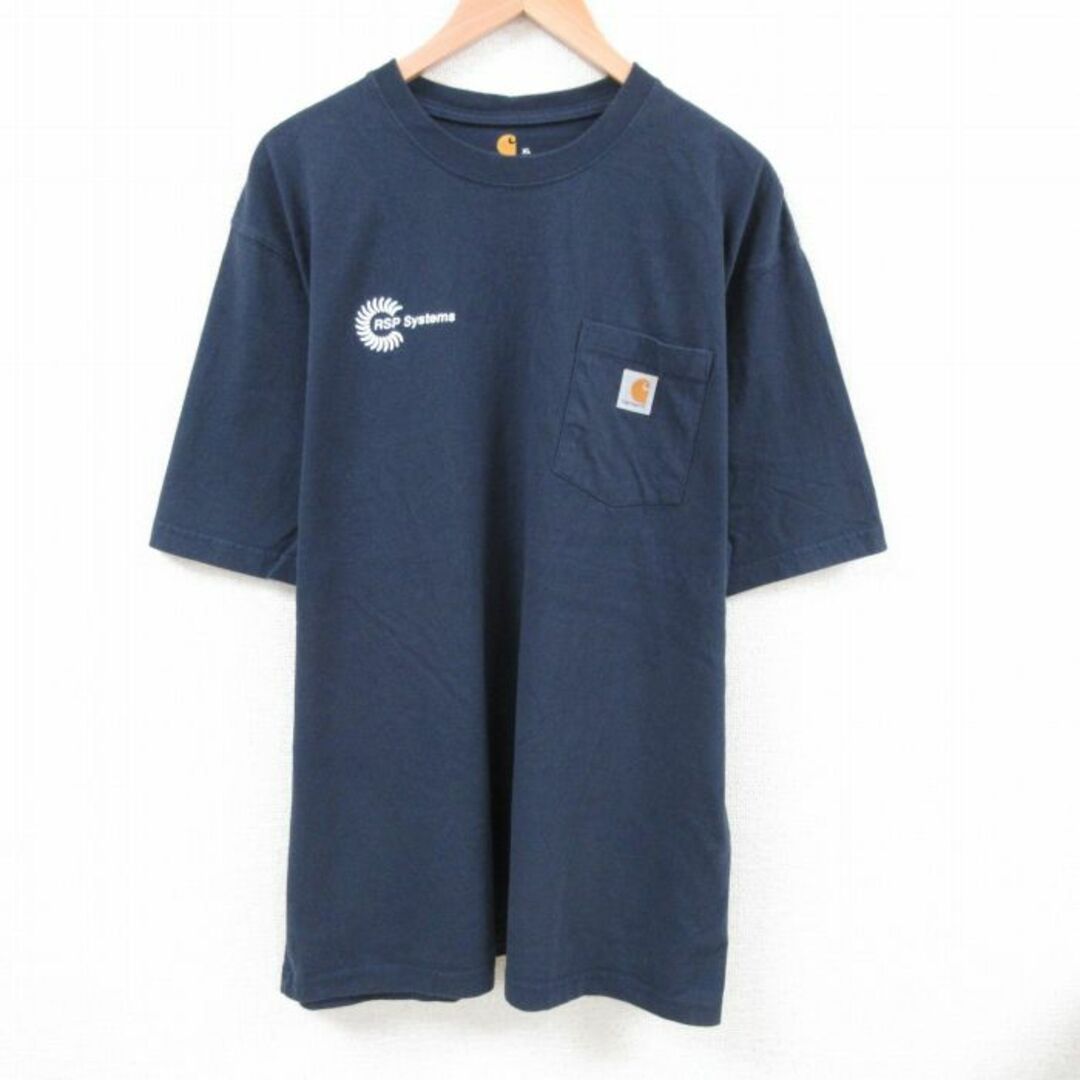 Charhartt WIP(カーハートダブリューアイピー)のXL★古着 カーハート Carhartt 半袖 ブランド Tシャツ メンズ RSP Systems 胸ポケット付き 大きいサイズ ロング丈 コットン クルーネック 紺 ネイビー 23aug16 中古 メンズのトップス(Tシャツ/カットソー(半袖/袖なし))の商品写真