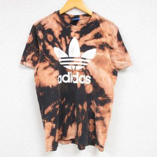 アディダス(adidas)のM★古着 アディダス adidas 半袖 ブランド Tシャツ メンズ ビッグロゴ リーフ トレフォイル コットン クルーネック 黒他 ブラック ブリーチ加工 23aug18 中古(Tシャツ/カットソー(半袖/袖なし))