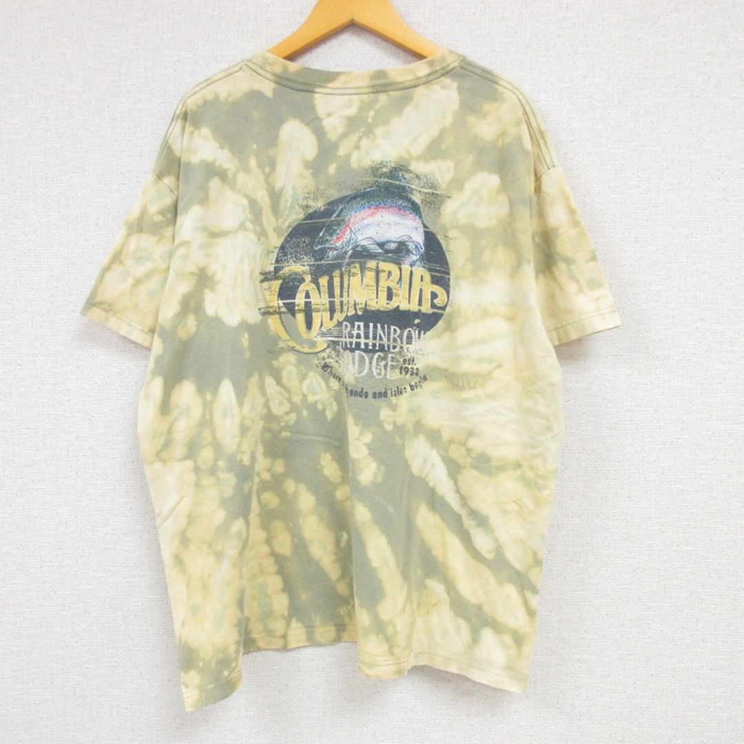 Columbia(コロンビア)のXL★古着 コロンビア COLUMBIA Columbia 半袖 ブランド Tシャツ メンズ レインボーロッジ 魚 大きいサイズ コットン クルーネック 薄緑他 グリーン ブリーチ加工 23aug18 中古 メンズのトップス(Tシャツ/カットソー(半袖/袖なし))の商品写真