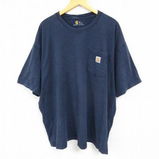 カーハートダブリューアイピー(Charhartt WIP)のXL★古着 カーハート Carhartt 半袖 ブランド Tシャツ メンズ ワンポイントロゴ 胸ポケット付き 大きいサイズ コットン クルーネック 紺 ネイビー 23aug19 中古(Tシャツ/カットソー(半袖/袖なし))