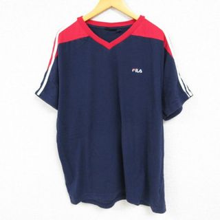 フィラ(FILA)のXL★古着 フィラ FILA 半袖 ブランド Tシャツ メンズ ワンポイントロゴ 大きいサイズ コットン Vネック 紺 ネイビー 23aug19 中古(Tシャツ/カットソー(半袖/袖なし))