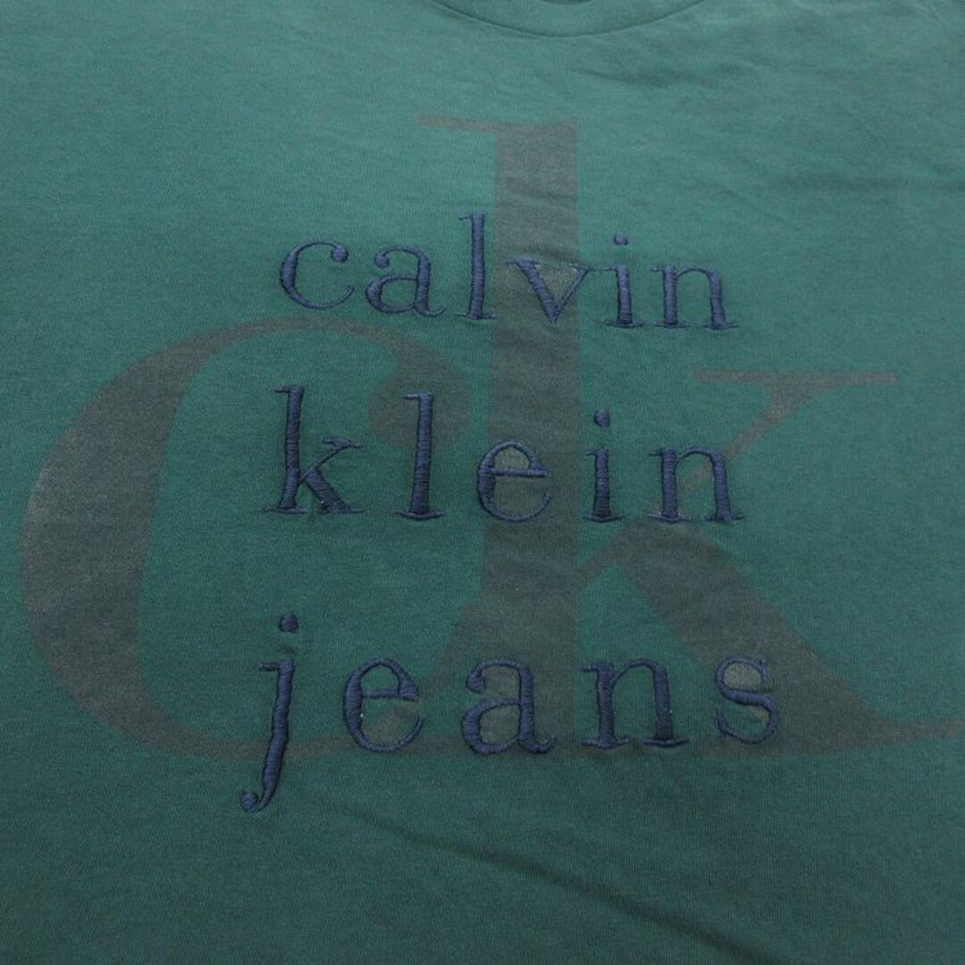 ck Calvin Klein(シーケーカルバンクライン)のXL★古着 カルバンクライン Calvin Klein 半袖 ビンテージ Tシャツ メンズ 90年代 90s ジーンズ ビッグロゴ 刺繍 大きいサイズ コットン クルーネック USA製 濃緑 グリーン 【spe】 23aug16 中古 メンズのトップス(Tシャツ/カットソー(半袖/袖なし))の商品写真