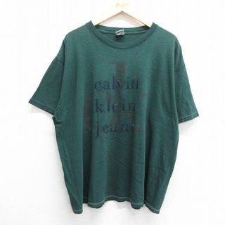 シーケーカルバンクライン(ck Calvin Klein)のXL★古着 カルバンクライン Calvin Klein 半袖 ビンテージ Tシャツ メンズ 90年代 90s ジーンズ ビッグロゴ 刺繍 大きいサイズ コットン クルーネック USA製 濃緑 グリーン 【spe】 23aug16 中古(Tシャツ/カットソー(半袖/袖なし))