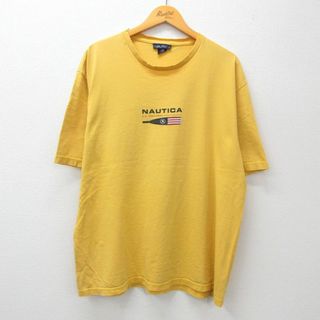 ノーティカ(NAUTICA)のXL★古着 ノーティカ NAUTICA 半袖 ブランド ビンテージ Tシャツ メンズ 90年代 90s ワンポイントロゴ 大きいサイズ コットン クルーネック USA製 黄 イエロー 23aug16 中古(Tシャツ/カットソー(半袖/袖なし))