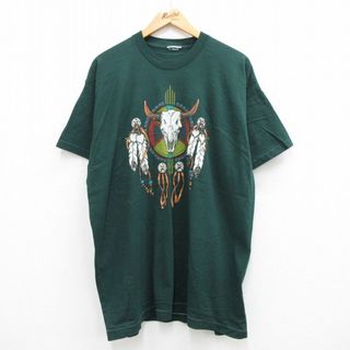 XL★古着 半袖 ビンテージ Tシャツ メンズ 90年代 90s ドリームキャッチャー 羽根 ロングホーンスカル 大きいサイズ ロング丈 コットン クルーネック 濃緑 グリーン 23aug17 中古(Tシャツ/カットソー(半袖/袖なし))