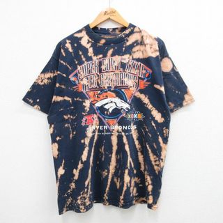 チャンピオン(Champion)のXL★古着 半袖 ビンテージ Tシャツ メンズ 90年代 90s NFL デンバーブロンコス チャンピオンズ クルーネック 紺他 ネイビー ブリーチ加工 アメフト スーパーボウル 23aug17 中古(Tシャツ/カットソー(半袖/袖なし))