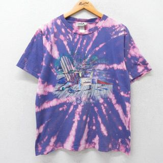 L★古着 半袖 ビンテージ Tシャツ メンズ 90年代 90s Dockside Reflections イス クルーネック 紫 パープル ブリーチ加工 23aug18 中古(Tシャツ/カットソー(半袖/袖なし))