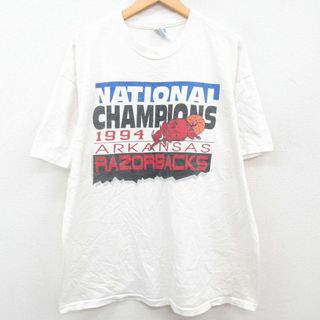 ヘインズ(Hanes)のXL★古着 ヘインズ Hanes 半袖 ビンテージ Tシャツ メンズ 90年代 90s RAZORBACKS バスケットボール 大きいサイズ コットン クルーネック USA製 白 ホワイト 23aug18 中古(Tシャツ/カットソー(半袖/袖なし))