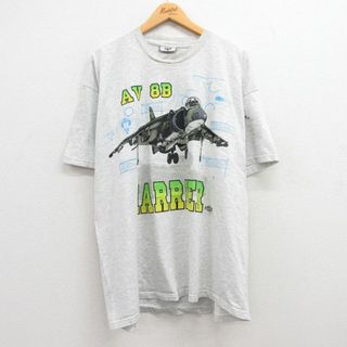 リー(Lee)のXL★古着 リー Lee 半袖 ビンテージ Tシャツ メンズ 90年代 90s AV-8B ハリアー 航空機 大きいサイズ コットン クルーネック USA製 薄グレー 霜降り 23aug18 中古(Tシャツ/カットソー(半袖/袖なし))