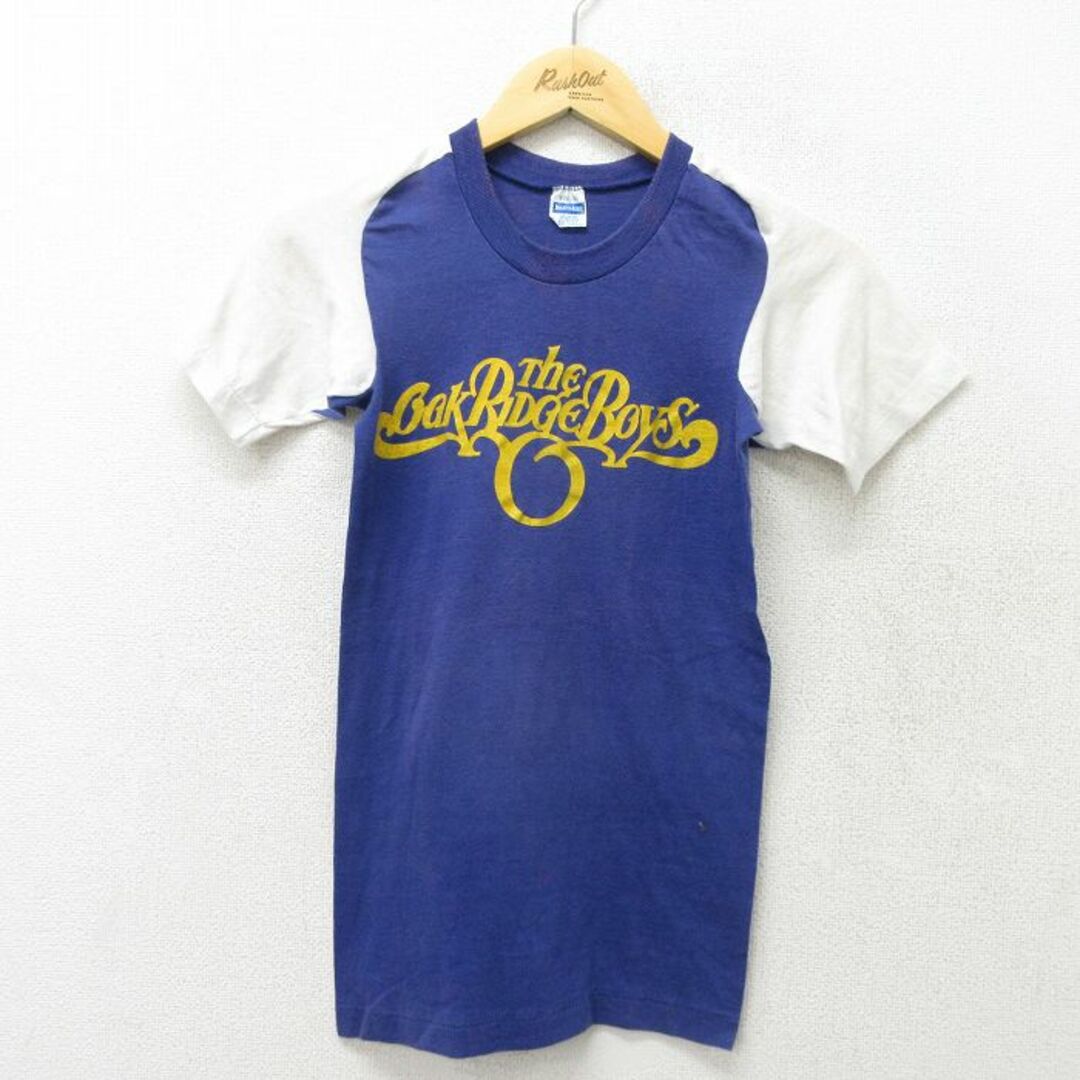 Healthknit(ヘルスニット)のXS★古着 ヘルスニット 半袖 ビンテージ ロック バンド Tシャツ メンズ 80年代 80s オークリッジボーイズ ツートンカラー フリーダムスリーブ クルーネック USA製 紺 ネイビー 【spe】 23aug18 中古 メンズのトップス(Tシャツ/カットソー(半袖/袖なし))の商品写真