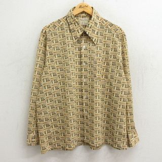 XL★古着 長袖 シャツ メンズ 70年代 70s 女の子 総柄 ベージュ系他 カーキ 【spe】 23aug24 中古 トップス(シャツ)