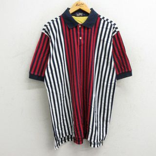 XL★古着 半袖 ポロ シャツ メンズ 00年代 00s マルチカラー 鹿の子 コットン 紺他 ネイビー ストライプ 23aug22 中古 トップス(ポロシャツ)