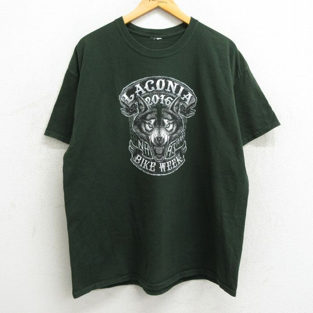 XL★古着 半袖 Tシャツ メンズ オオカミ バイクウィーク ラコニア クルーネック 濃緑 グリーン 23aug24 中古 メンズのトップス(Tシャツ/カットソー(半袖/袖なし))の商品写真