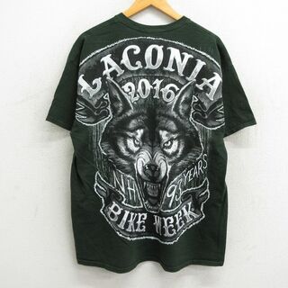 XL★古着 半袖 Tシャツ メンズ オオカミ バイクウィーク ラコニア クルーネック 濃緑 グリーン 23aug24 中古(Tシャツ/カットソー(半袖/袖なし))