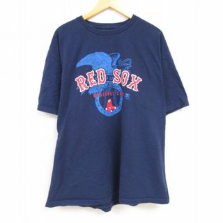 XL★古着 半袖 Tシャツ メンズ MLB ボストンレッドソックス 大きいサイズ コットン クルーネック 紺 ネイビー メジャーリーグ ベースボール 野球 23aug23 中古(Tシャツ/カットソー(半袖/袖なし))