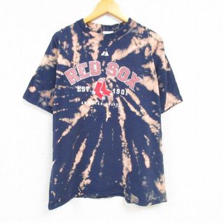 マジェスティック(Majestic)のXL★古着 マジェスティック 半袖 Tシャツ メンズ MLB ボストンレッドソックス コットン クルーネック 紺他 ネイビー ブリーチ加工 メジャーリーグ ベースボール 野球 23aug22 中古(Tシャツ/カットソー(半袖/袖なし))