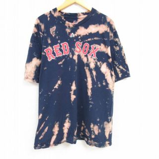 マジェスティック(Majestic)のXL★古着 マジェスティック 半袖 Tシャツ メンズ MLB ボストンレッドソックス ムーキーベッツ 50 大きいサイズ クルーネック 紺他 ネイビー ブリーチ加工 メジャーリーグ ベースボール 野球 23aug22 中古(Tシャツ/カットソー(半袖/袖なし))