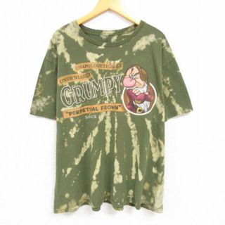 ディズニー(Disney)のXL★古着 半袖 Tシャツ メンズ ディズニー DISNEY しらゆきひめ 7人の小人 七人のこびと グランピー 大きいサイズ コットン クルーネック 緑他 グリーン ブリーチ加工 23aug22 中古(Tシャツ/カットソー(半袖/袖なし))