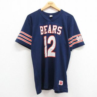 ウィルソン(wilson)のL★古着 ウィルソン 半袖 ビンテージ フットボール Tシャツ メンズ 80年代 80s NFL シカゴベアーズ 12 Vネック 紺 ネイビー アメフト スーパーボウル 23aug21 中古(Tシャツ/カットソー(半袖/袖なし))