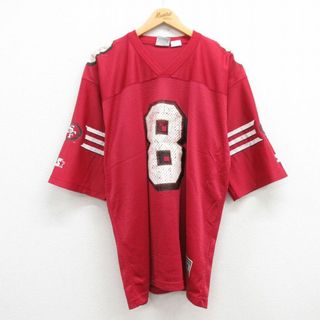 スターター(STARTER)のXL★古着 スターター STARTER 長袖 ビンテージ フットボール Tシャツ メンズ 90年代 90s NFL サンフランシスコフォーティーナイナー 49ers スティーブヤング 8 メッシュ地 大きいサイズ Vネック エンジ アメフト スーパーボウル ユニフォーム ゲームシャツ 23aug23 中古(Tシャツ/カットソー(半袖/袖なし))