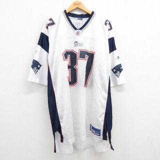 リーボック(Reebok)のXL★古着 リーボック REEBOK 長袖 ビンテージ フットボール Tシャツ メンズ 00年代 00s NFL ニューイングランドペイトリオッツ ロドニーハリソン 37 メッシュ地 大きいサイズ ロング丈 Vネック 白他 ホワイト アメフト スーパーボウル ユニフォーム ゲームシャツ 23aug23 中(Tシャツ/カットソー(半袖/袖なし))