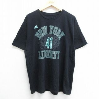 アディダス(adidas)のL★古着 アディダス adidas 半袖 ブランド Tシャツ メンズ ワンポイントロゴ ニューヨークリバティ キアストークス 41 バスケットボール コットン クルーネック 黒 ブラック 23aug24 中古(Tシャツ/カットソー(半袖/袖なし))