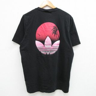 アディダス(adidas)のXL★古着 アディダス adidas 半袖 ブランド Tシャツ メンズ ビッグロゴ リーフ トレフォイル コットン クルーネック 黒 ブラック 23aug24 中古(Tシャツ/カットソー(半袖/袖なし))