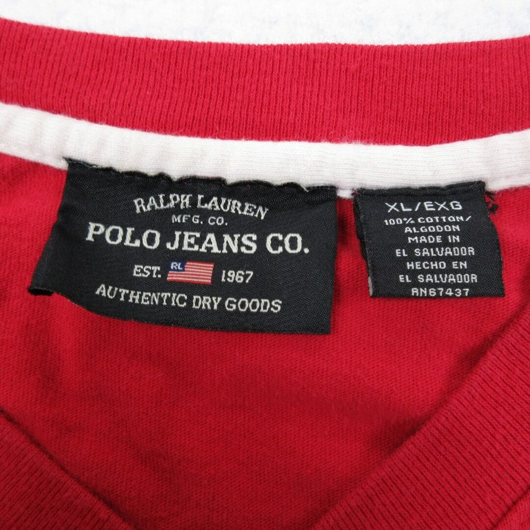 Ralph Lauren(ラルフローレン)のXL★古着 ラルフローレン Ralph Lauren ポロジーンズ 半袖 ブランド Tシャツ メンズ ビッグロゴ 大きいサイズ コットン クルーネック 赤 レッド リンガー ライン 23aug21 中古 メンズのトップス(Tシャツ/カットソー(半袖/袖なし))の商品写真