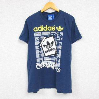 アディダス(adidas)のL★古着 アディダス adidas 半袖 ブランド Tシャツ メンズ ビッグロゴ リーフ トレフォイル クルーネック 紺 ネイビー 23aug21 中古(Tシャツ/カットソー(半袖/袖なし))