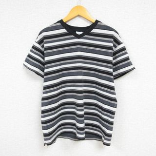 シーケーカルバンクライン(ck Calvin Klein)のL★古着 カルバンクライン Calvin Klein 半袖 ブランド Tシャツ メンズ ワンポイントロゴ コットン Vネック 黒他 ブラック ボーダー 23aug21 中古(Tシャツ/カットソー(半袖/袖なし))