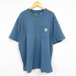 カーハートダブリューアイピー(Charhartt WIP)のXL★古着 カーハート Carhartt 半袖 ブランド Tシャツ メンズ ワンポイントロゴ 胸ポケット付き 大きいサイズ コットン クルーネック 薄紺 ネイビー 23aug21 中古(Tシャツ/カットソー(半袖/袖なし))