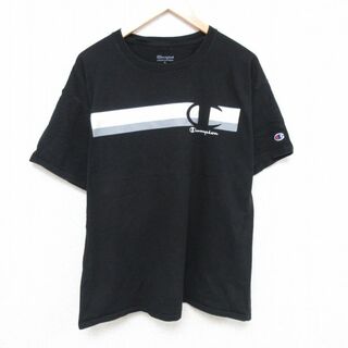 チャンピオン(Champion)のXL★古着 チャンピオン Champion 半袖 ブランド Tシャツ メンズ ワンポイントロゴ 大きいサイズ コットン クルーネック 黒 ブラック 23aug21 中古(Tシャツ/カットソー(半袖/袖なし))