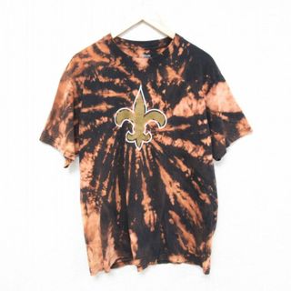 リーボック(Reebok)のXL★古着 リーボック REEBOK 半袖 ブランド Tシャツ メンズ NFL ニューオーリンズセインツ コットン クルーネック 黒他 ブラック ブリーチ加工 アメフト スーパーボウル 23aug24 中古(Tシャツ/カットソー(半袖/袖なし))