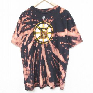 リーボック(Reebok)のXL★古着 リーボック REEBOK 半袖 ブランド Tシャツ メンズ NHL ボストンブルーインズ ハミルトン コットン クルーネック 黒他 ブラック ブリーチ加工 アイスホッケー 23aug24 中古(Tシャツ/カットソー(半袖/袖なし))