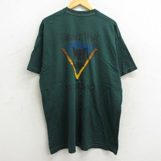 フルーツオブザルーム(FRUIT OF THE LOOM)のXL★古着 フルーツオブザルーム 半袖 ビンテージ Tシャツ メンズ 90年代 90s オオカミ 大きいサイズ ロング丈 コットン クルーネック 濃緑 グリーン 【spe】 23aug21 中古(Tシャツ/カットソー(半袖/袖なし))