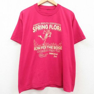 XL★古着 半袖 ビンテージ Tシャツ メンズ 90年代 90s SPRING FLORA マラソン 花 大きいサイズ クルーネック ピンク 23aug21 中古(Tシャツ/カットソー(半袖/袖なし))