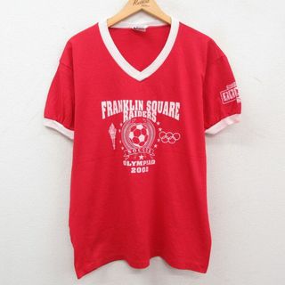 XL★古着 半袖 ビンテージ Tシャツ メンズ 00年代 00s FRANKLIN SQUARE RAIDERS サッカー オリンピック Vネック USA製 赤 レッド リンガー 23aug21 中古(Tシャツ/カットソー(半袖/袖なし))