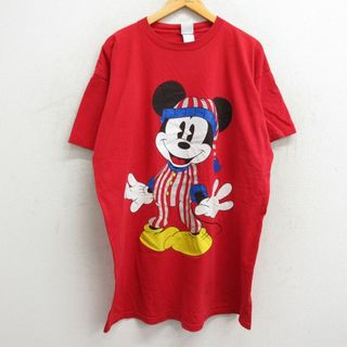 ディズニー(Disney)のXL★古着 半袖 ビンテージ Tシャツ メンズ 90年代 90s ディズニー DISNEY ミッキー MICKEY MOUSE 大きいサイズ ロング丈 コットン クルーネック 赤 レッド 【spe】 23aug21 中古(Tシャツ/カットソー(半袖/袖なし))