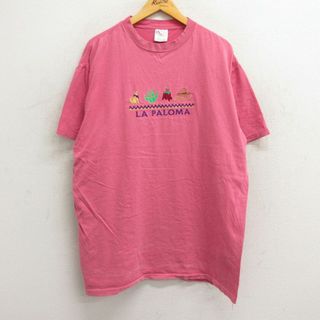 XL★古着 オニータ ONIETA 半袖 ビンテージ Tシャツ メンズ 90年代 90s ラパロマ サボテン 唐辛子 刺繍 大きいサイズ ロング丈 コットン クルーネック USA製 ピンク 23aug21 中古(Tシャツ/カットソー(半袖/袖なし))