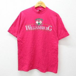 ヘインズ(Hanes)のL★古着 ヘインズ Hanes 半袖 ビンテージ Tシャツ メンズ 90年代 90s ウィリアムズバーグ ヨット コットン クルーネック USA製 濃ピンク 23aug21 中古(Tシャツ/カットソー(半袖/袖なし))