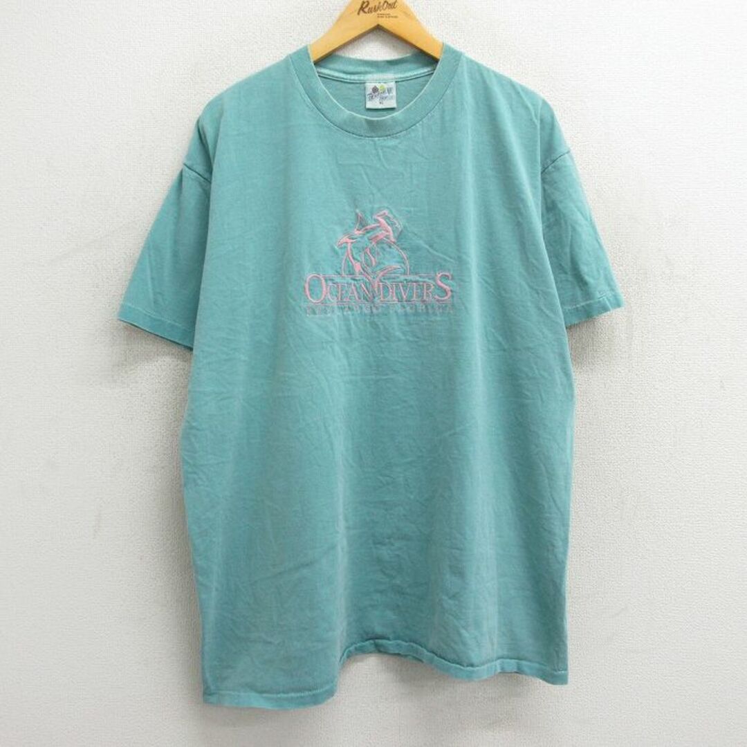 XL★古着 半袖 ビンテージ Tシャツ メンズ 90年代 90s サメ OCEANDIVERS 刺繍 大きいサイズ コットン クルーネック 薄緑 グリーン 23aug22 中古 メンズのトップス(Tシャツ/カットソー(半袖/袖なし))の商品写真