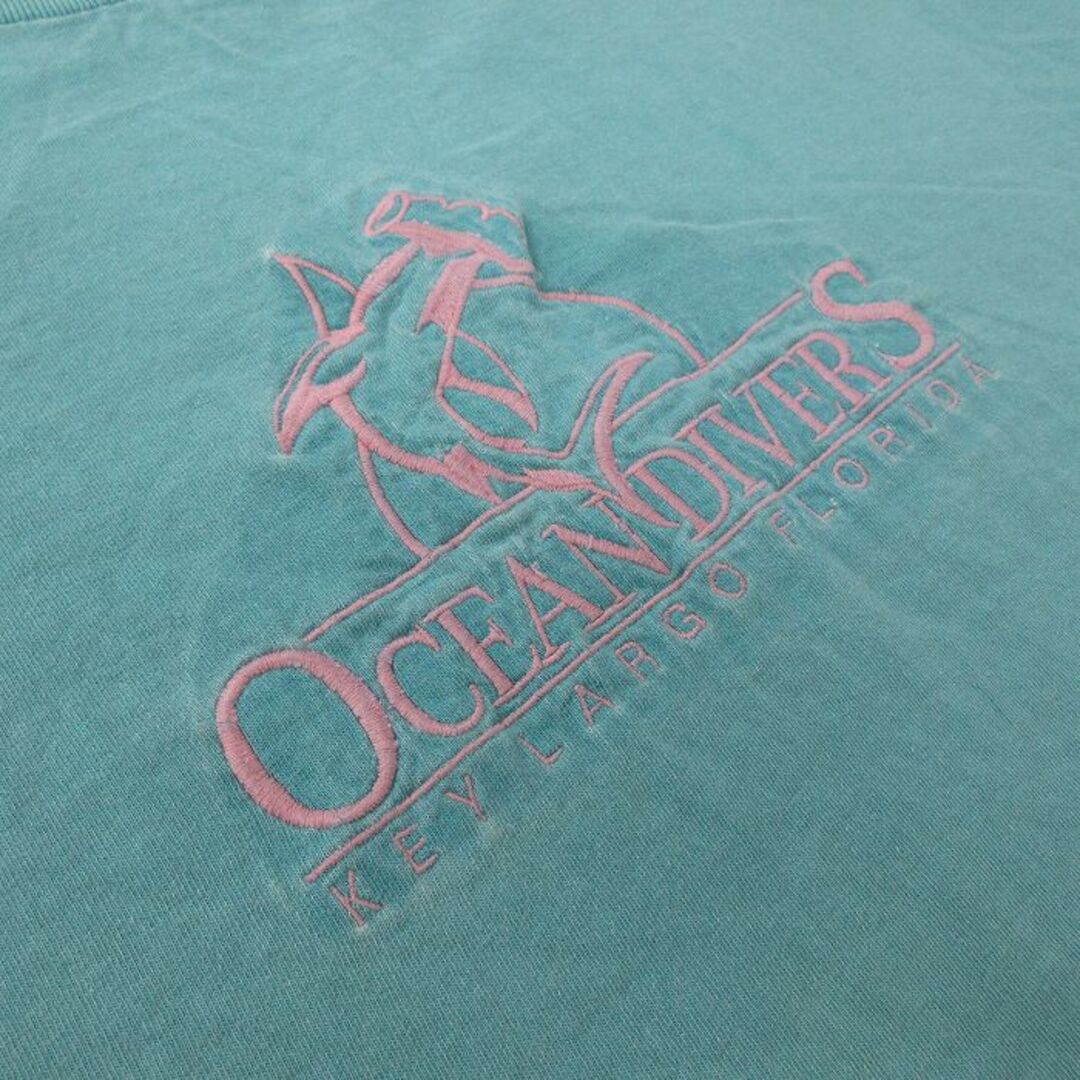 XL★古着 半袖 ビンテージ Tシャツ メンズ 90年代 90s サメ OCEANDIVERS 刺繍 大きいサイズ コットン クルーネック 薄緑 グリーン 23aug22 中古 メンズのトップス(Tシャツ/カットソー(半袖/袖なし))の商品写真