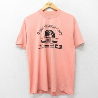 L★古着 半袖 ビンテージ Tシャツ メンズ 80年代 80s グローバル バレーボール 国旗 クルーネック ピンク系 23aug22 中古(Tシャツ/カットソー(半袖/袖なし))