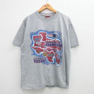 チャンピオン(Champion)のXL★古着 半袖 ビンテージ Tシャツ メンズ 00年代 00s NFL ニューイングランドペイトリオッツ チャンピオンズ クルーネック グレー 霜降り アメフト スーパーボウル 23aug23 中古(Tシャツ/カットソー(半袖/袖なし))